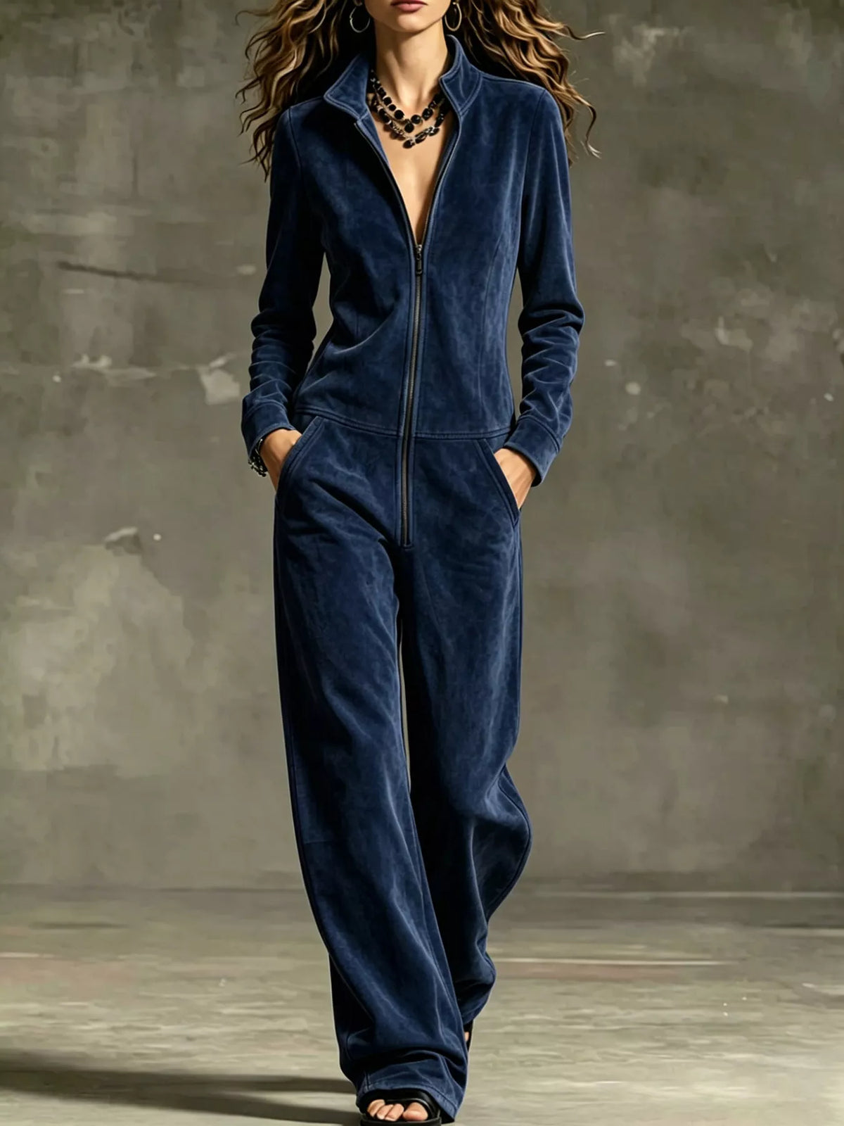 Velour Zip-Up Jumpsuit with Pockets, front view