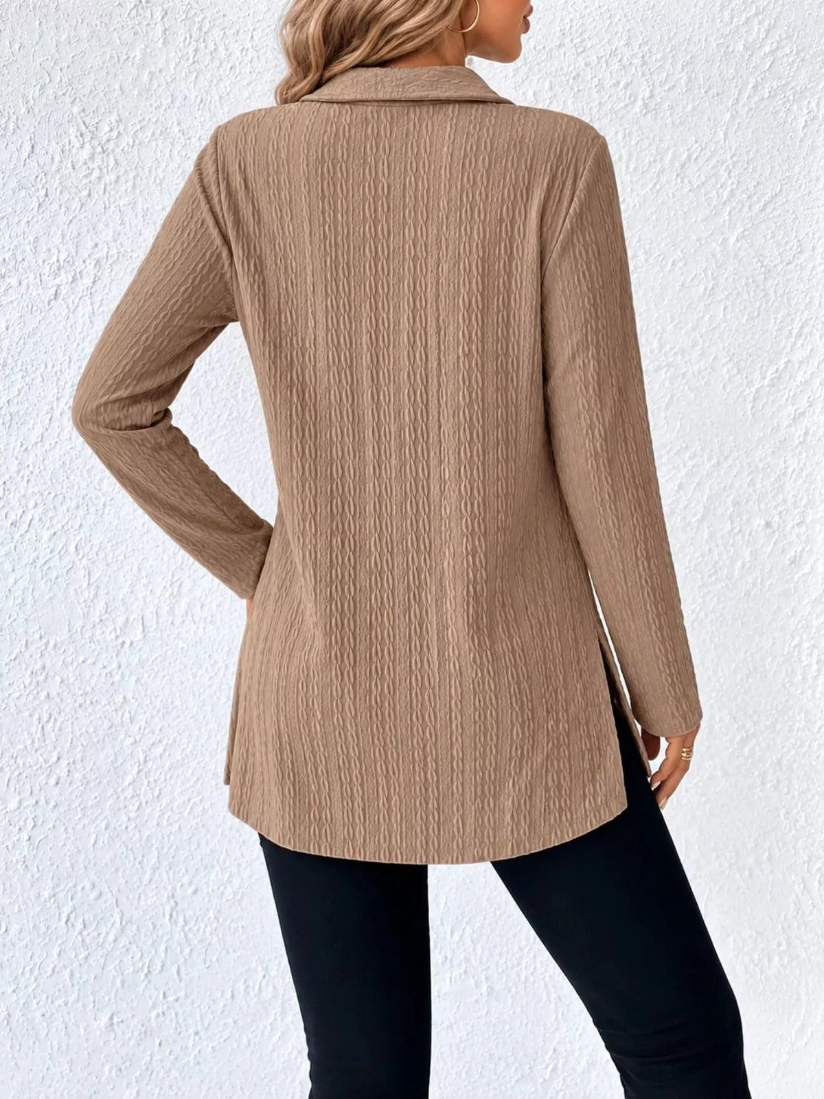 Textured V-Neck Long Sleeve Top with Side Slit, back view in mocha