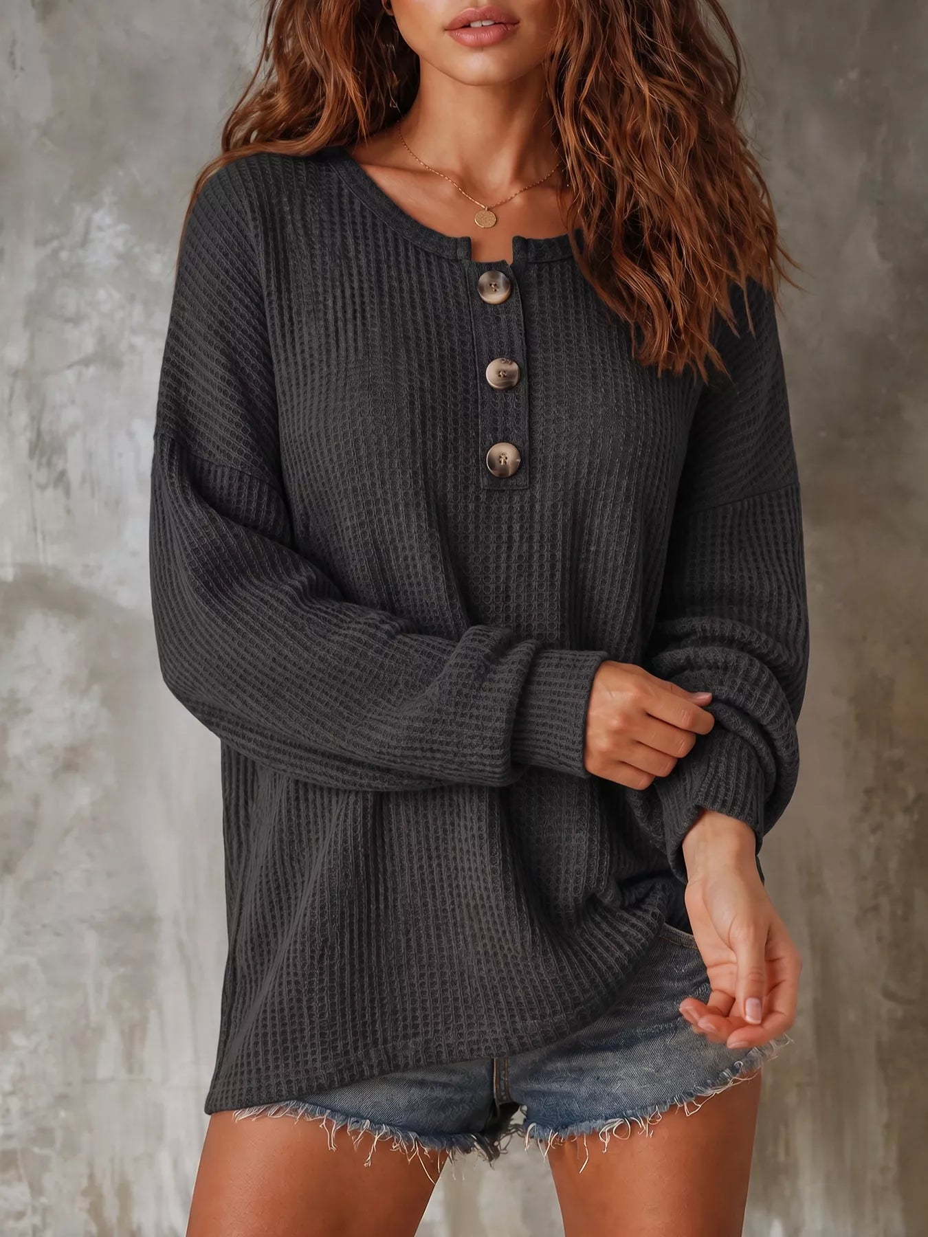 Trendsi Button Detail Dropped Shoulder Knit Top -