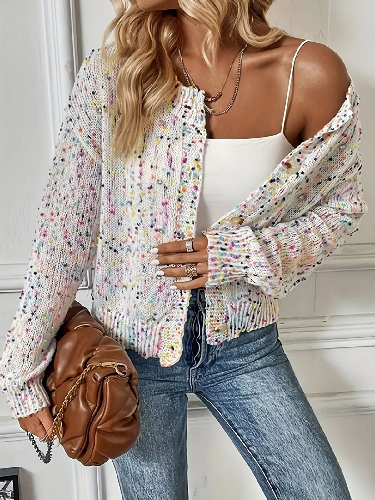 Textured Knit Button-Up Cardigan in white with multicolor flecks, front view