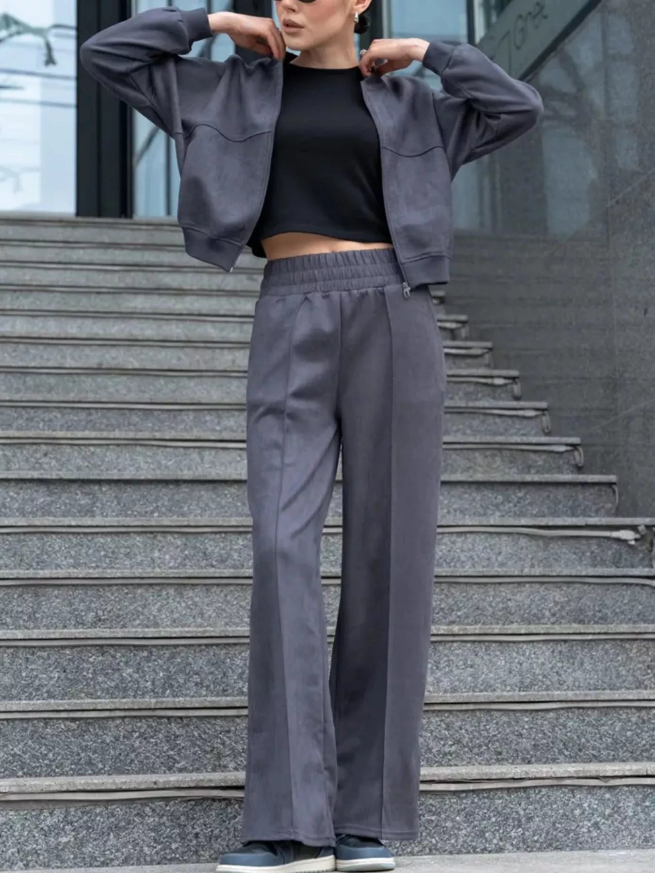 Trendsi Zip Up Sweatshirt and Wide-Leg Pants Set -