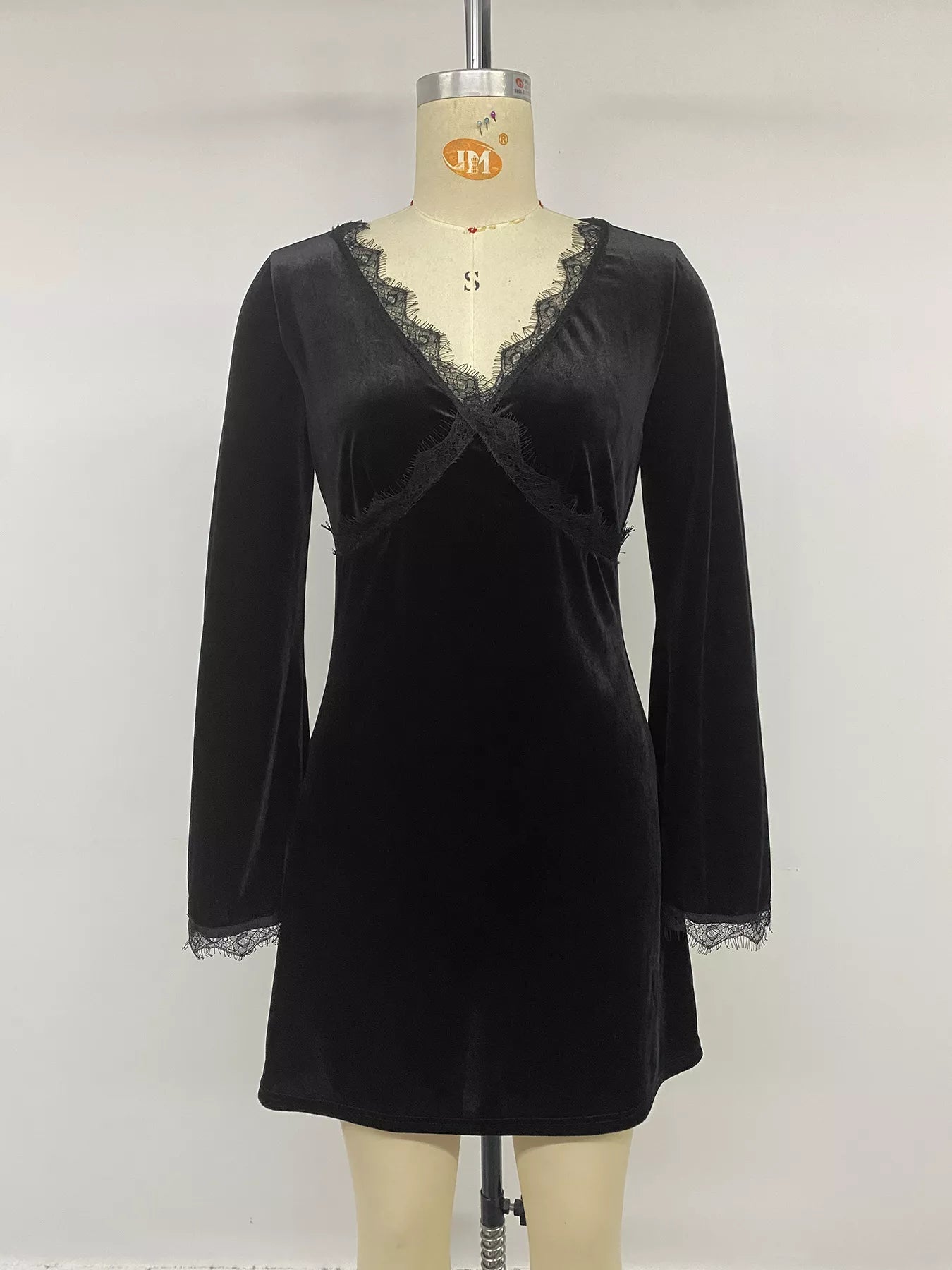 Trendsi Velvet Lace Trim V-Neck Mini Dress -