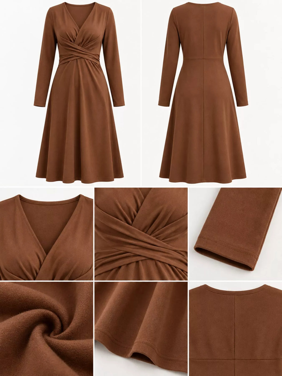 Brown long sleeve ruched-front midi dress, neckline waist and construction details