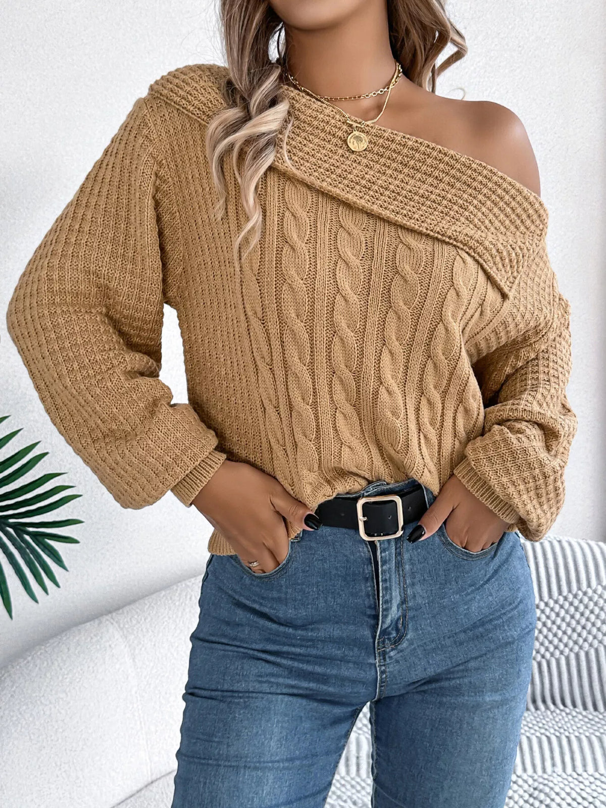 One Shoulder Cable Knit Sweater in camel, front view