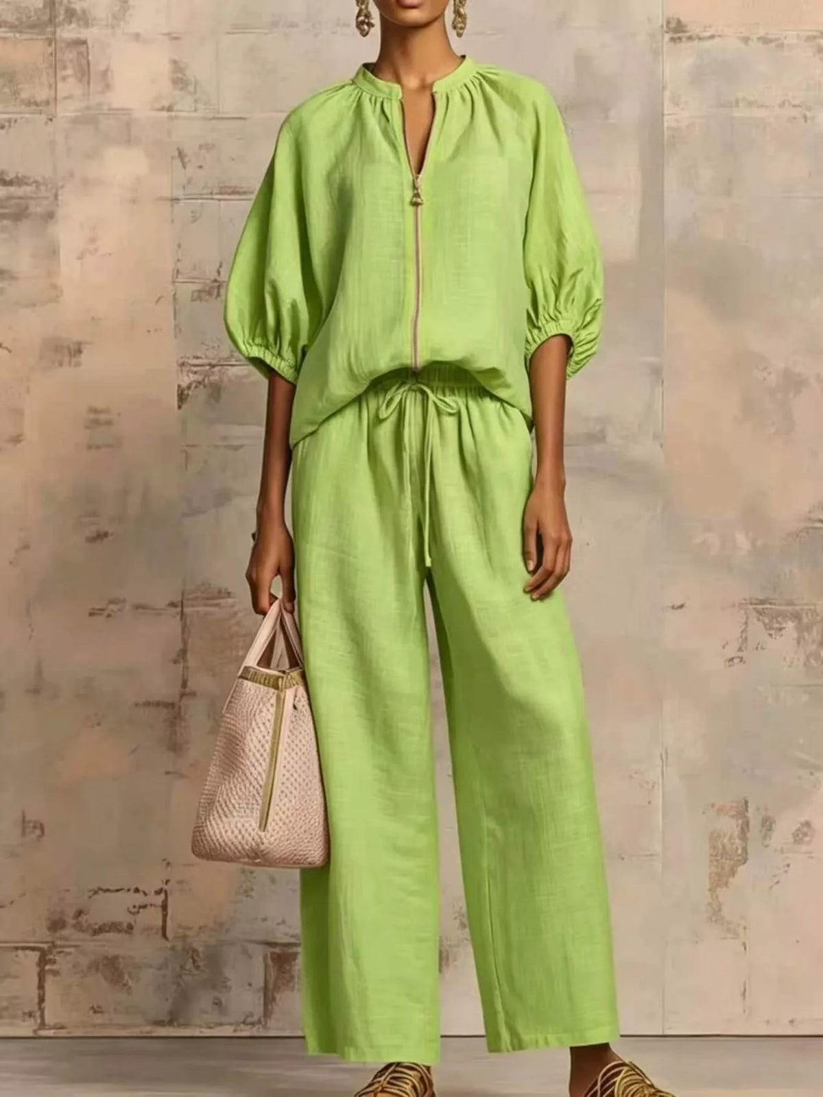 Zip-front top and wide-leg pants set