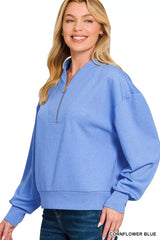Trendsi Zenana Scuba Half Zip Drop Shoulder Sweatshirt -