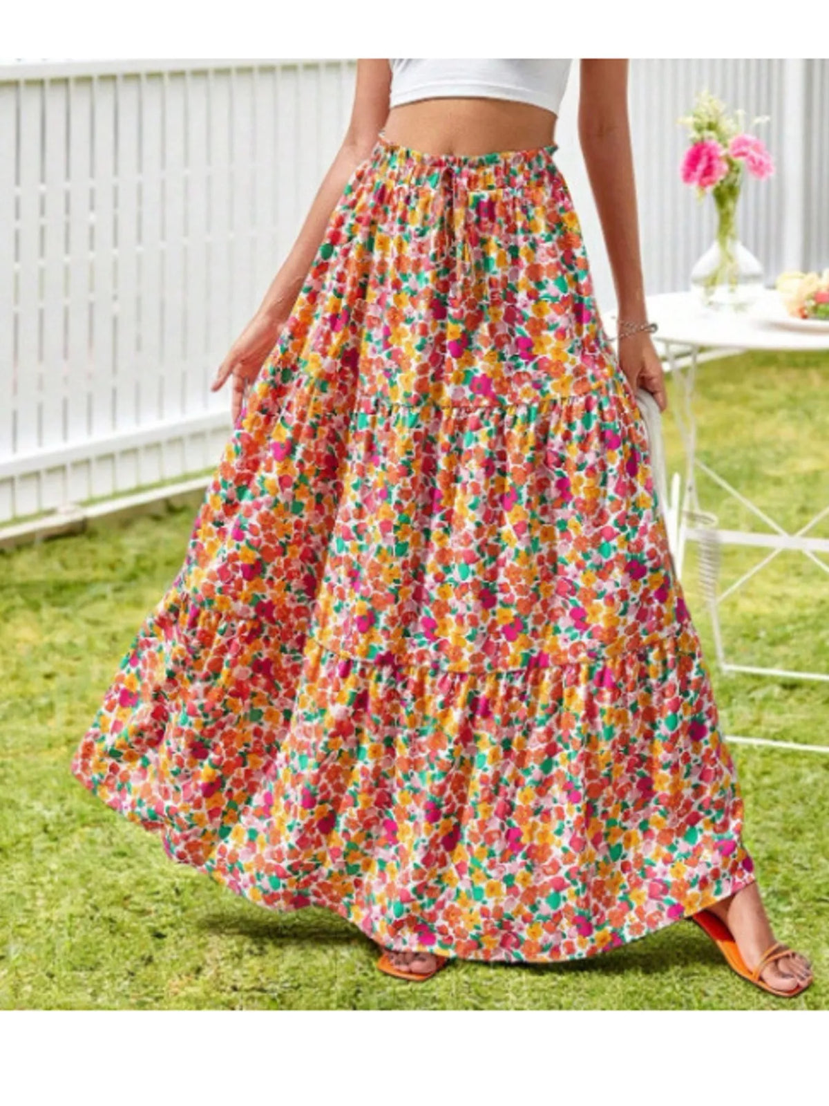 Multicolor floral drawstring tiered skirt — front view
