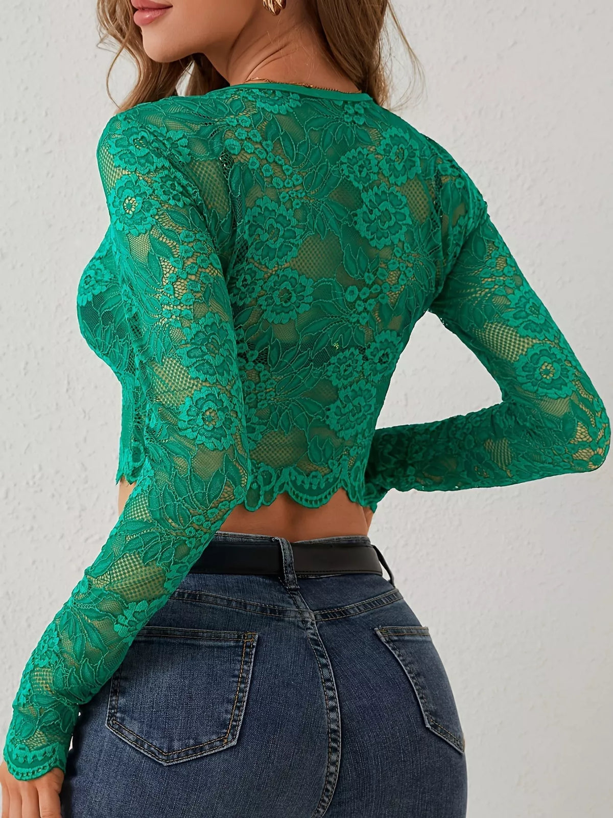 Green lace sheer crop t-shirt, back view