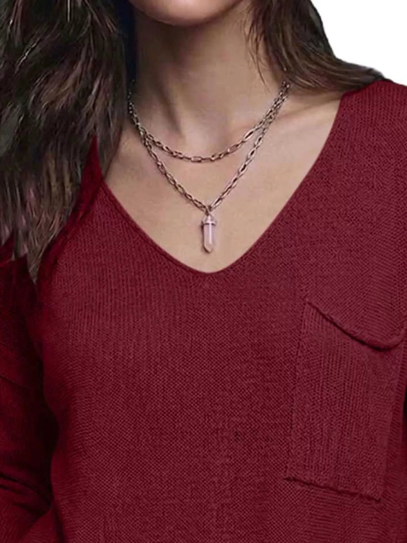 Trendsi V-Neck Chest Pocket Knit Top -