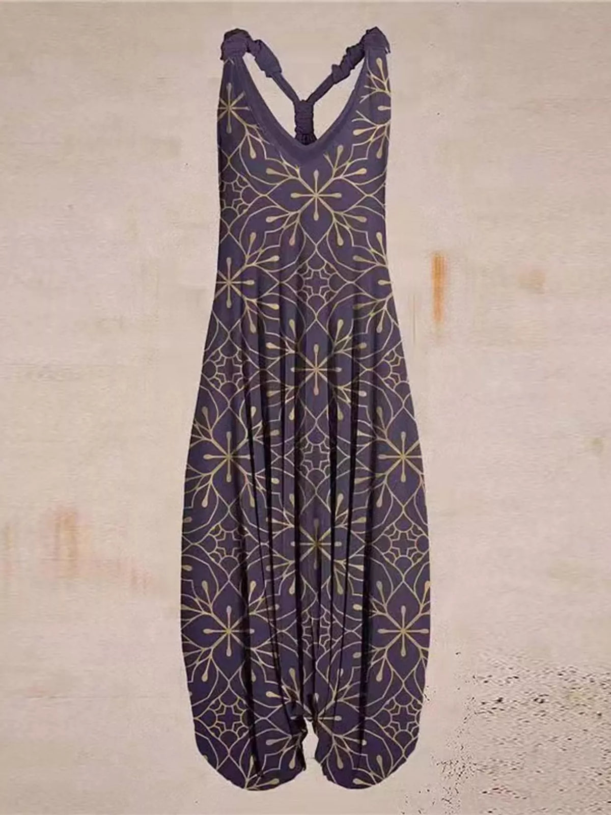 Purple floral-print V-neck sleeveless jumpsuit