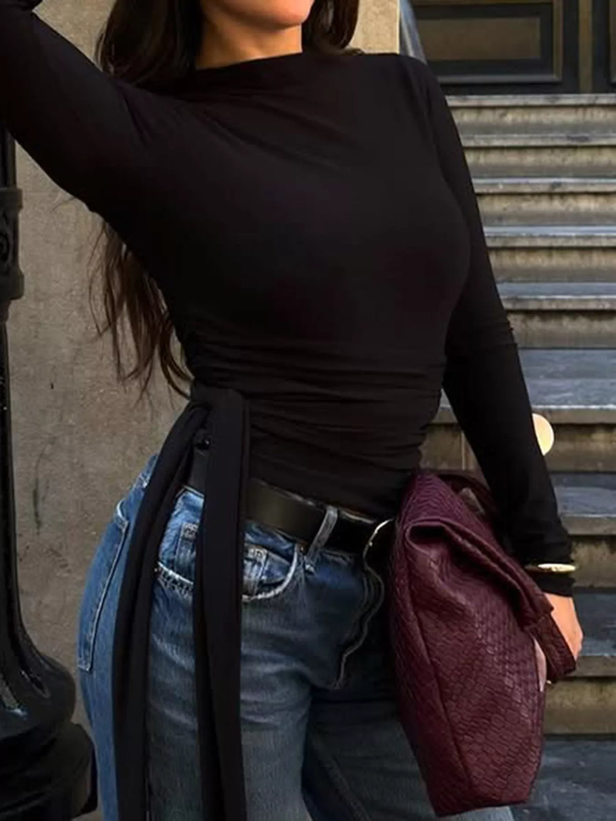 Mock Neck Long Sleeve T-Shirt in black, front view