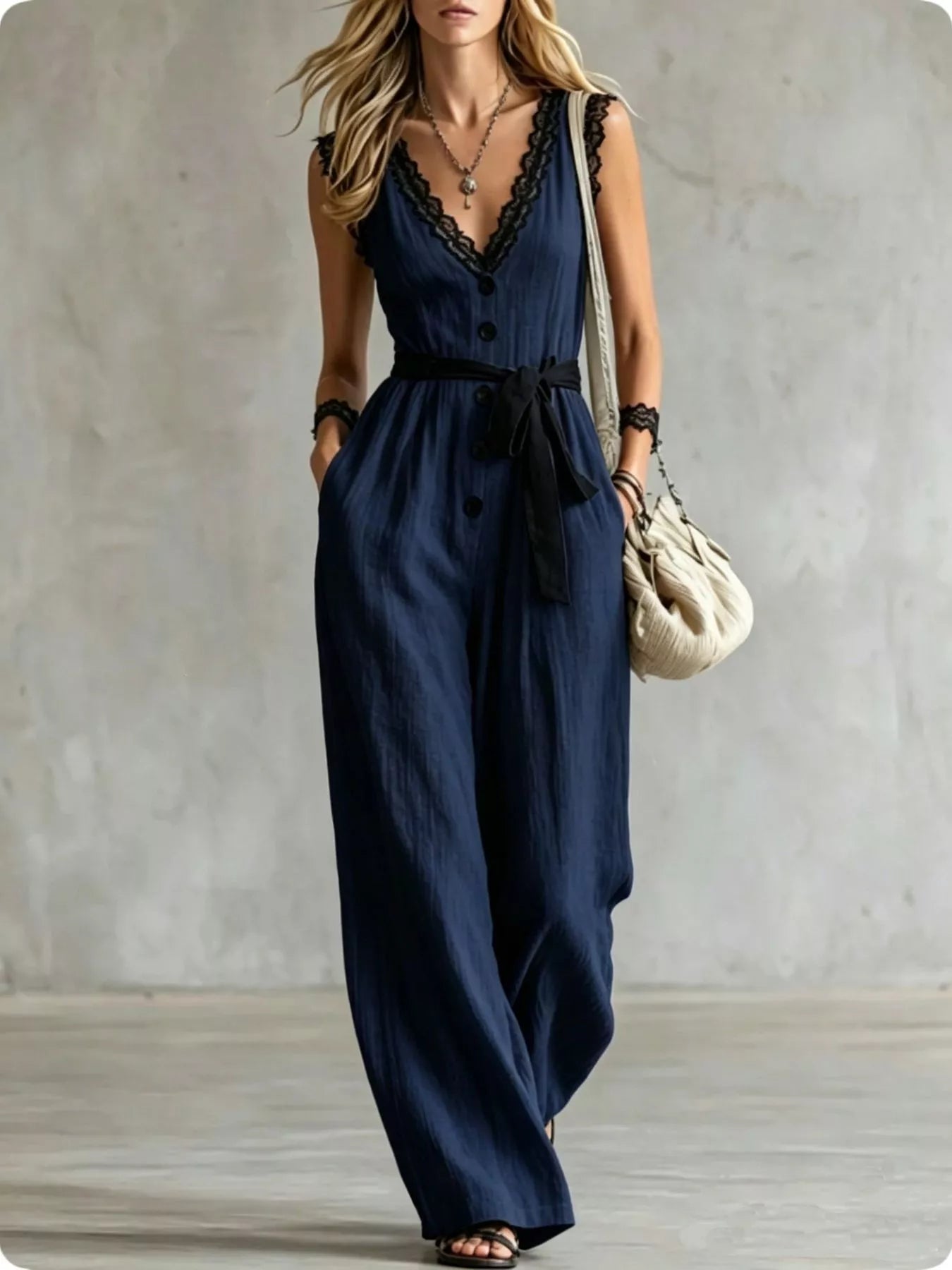 Trendsi Lace Detail V-Neck Sleeveless Jumpsuit -