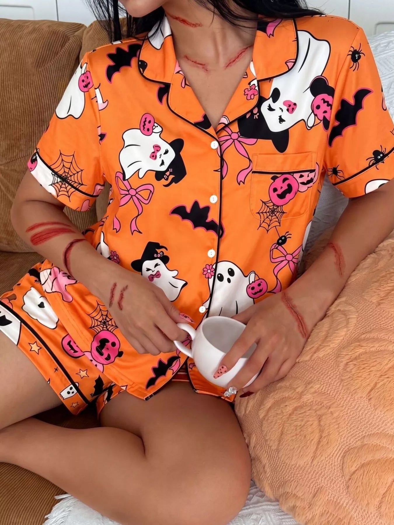 Trendsi Halloween Ghost Print Button-Down Top and Shorts Lounge Set -