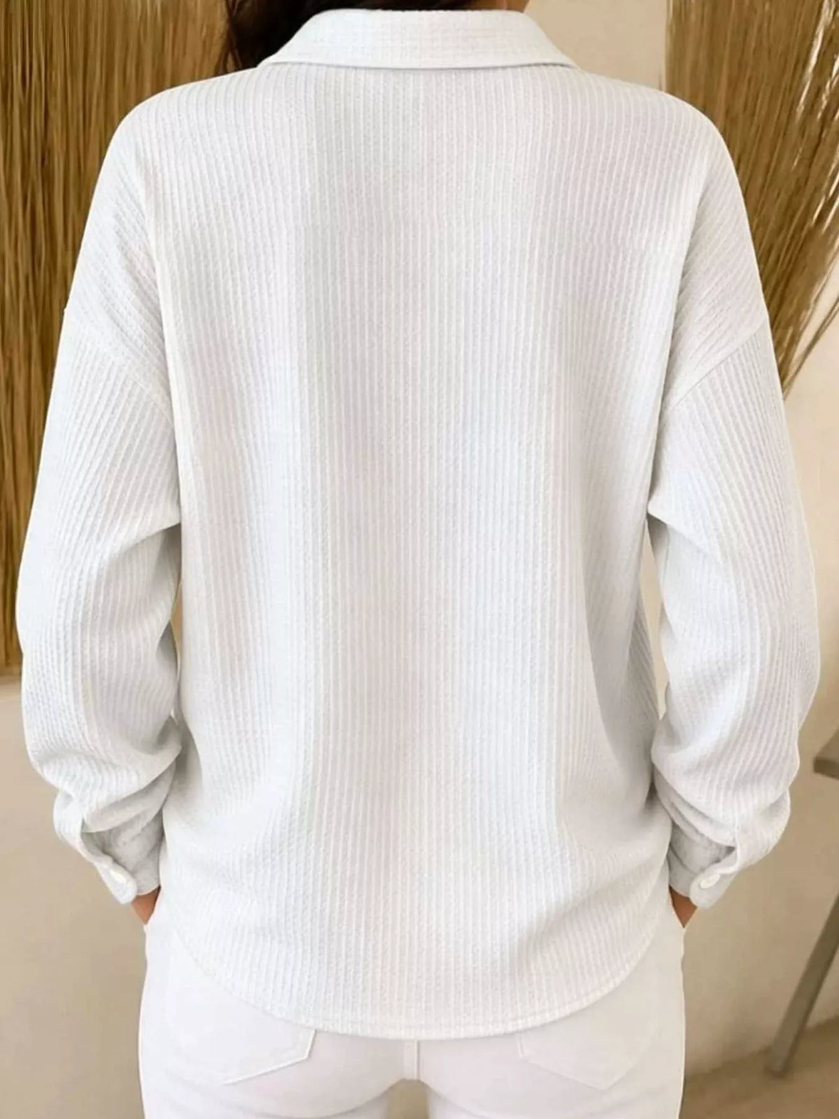White waffle knit button-down shirt, back view