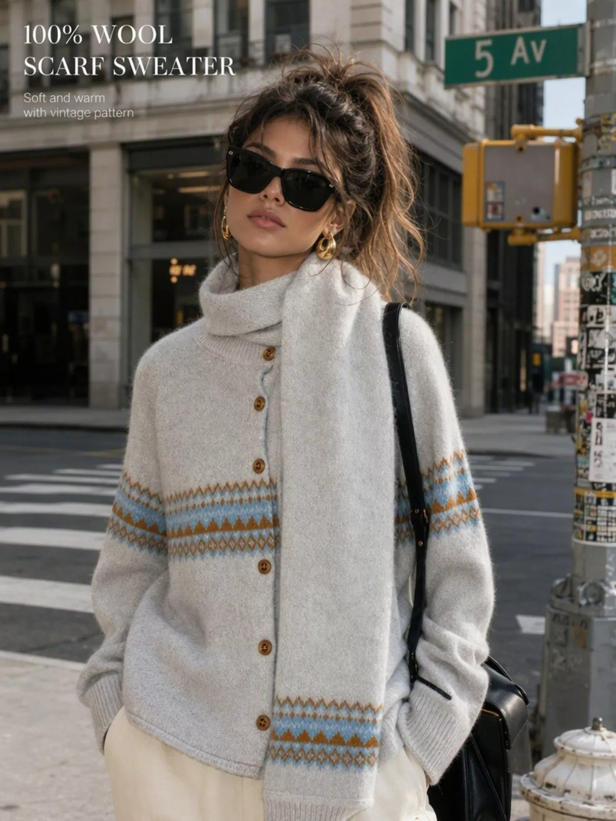 Light gray geometric button-front knit cardigan, front view with image text claiming wool.