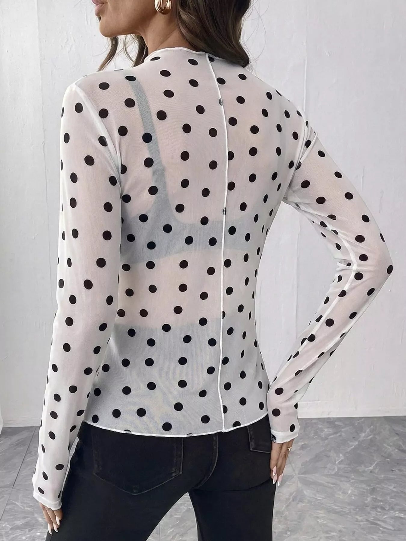 Trendsi Sheer Polka Dot Long Sleeve Mock Neck Top -