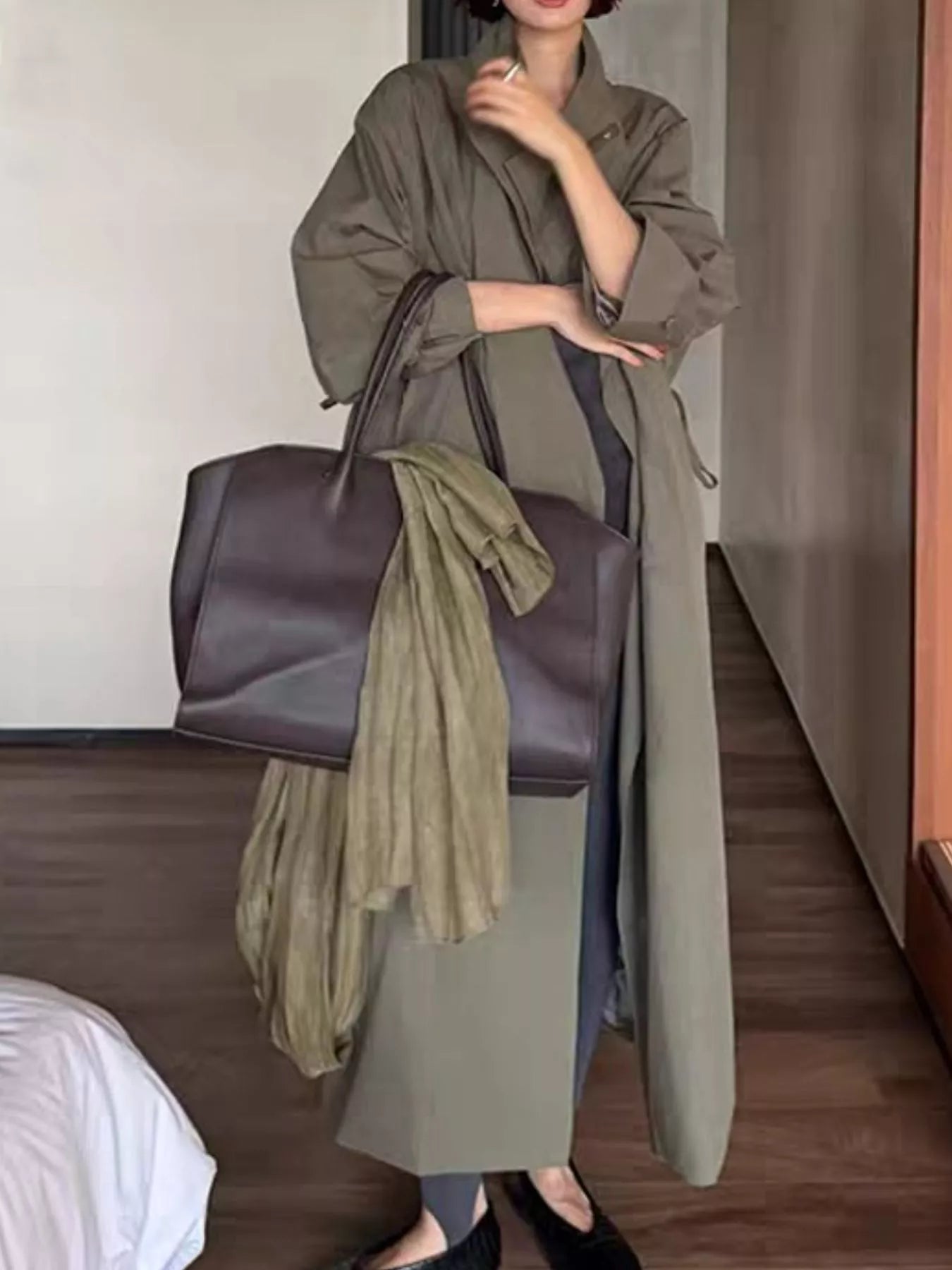 Trendsi Drawstring Open Front Longline Trench Coat -