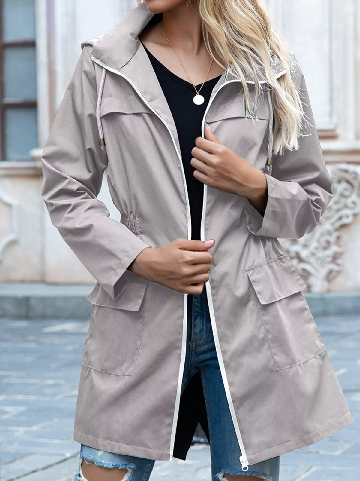 Women's Zip Up Drawstring Waist Hooded Jacket in gray — front view