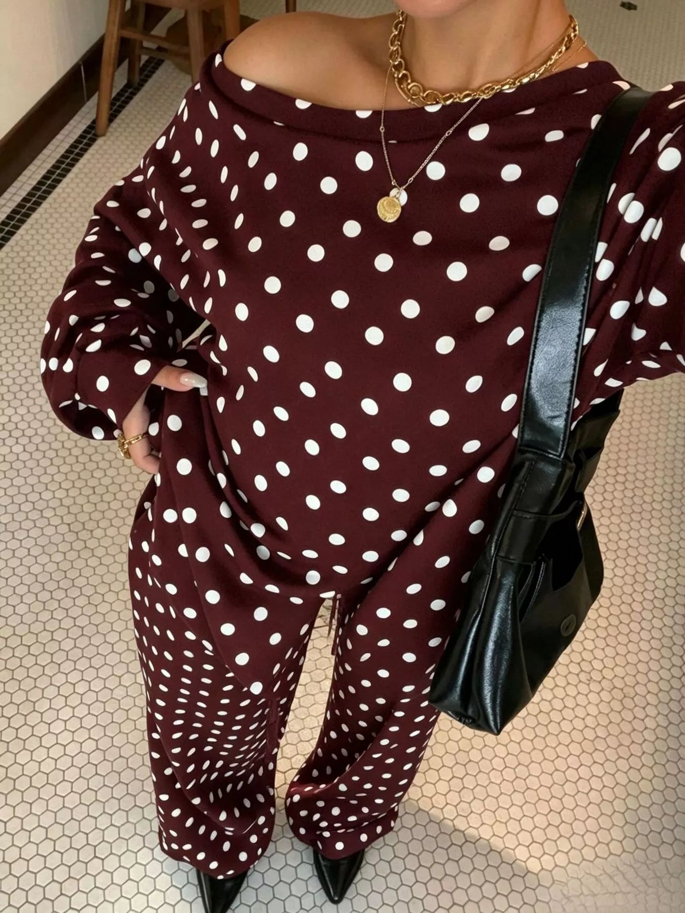 Women's polka dot boat neck top and pants set