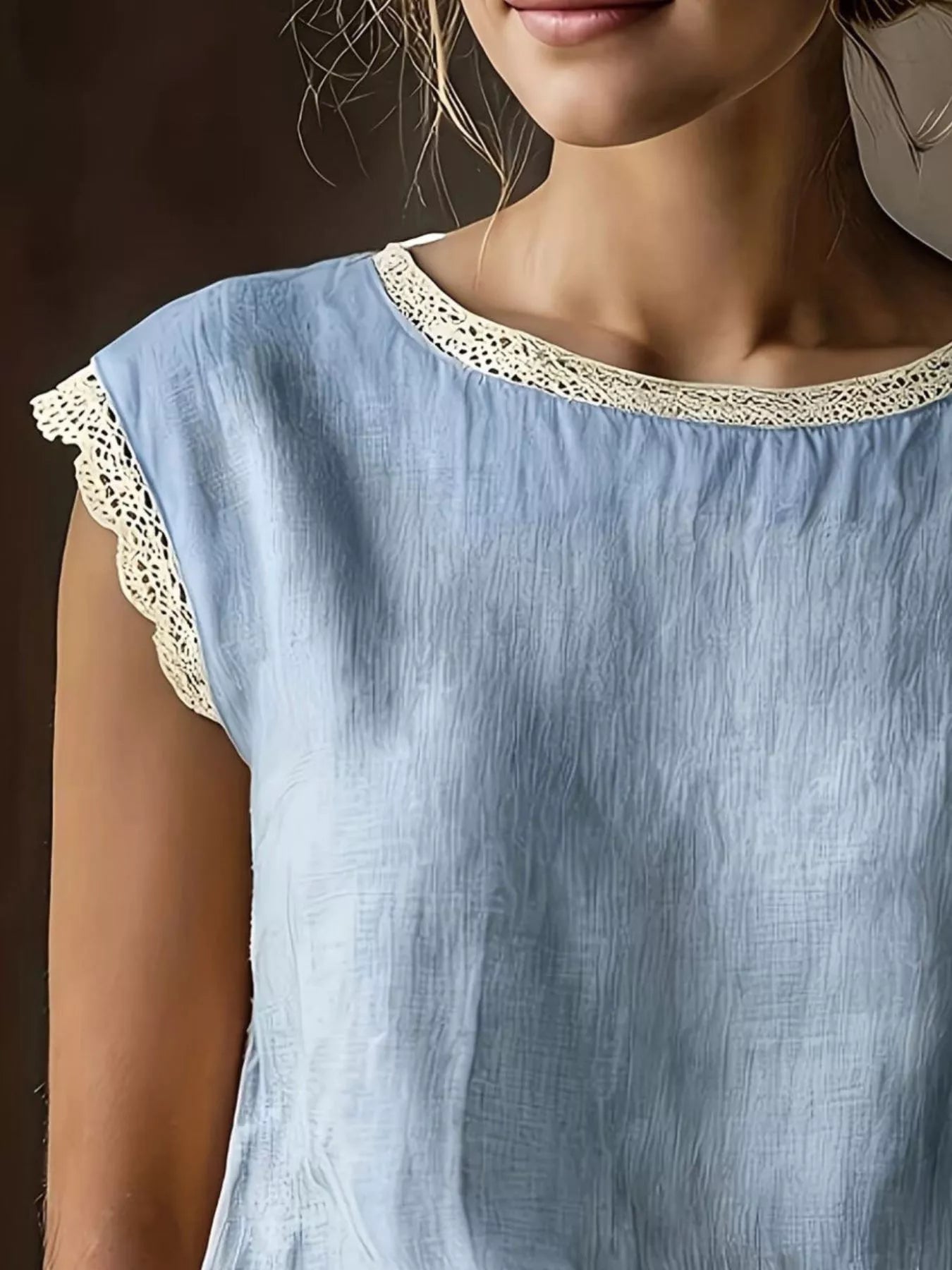 Trendsi Lace Trim Round Neck Sleeveless Blouse -
