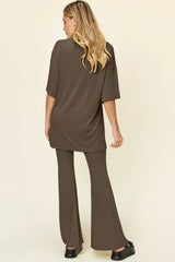 Trendsi Double Take Full Size Round Neck Drop Shoulder T-Shirt and Flare Pants Set - Pants