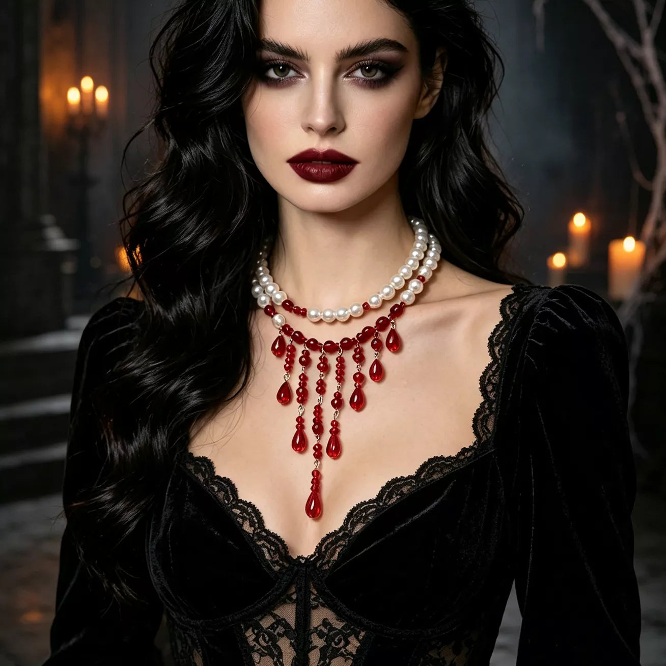 Trendsi Halloween Teardrop Beaded Double Layered Necklace -