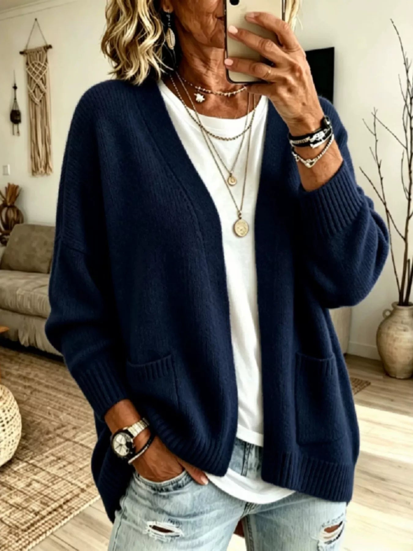 Trendsi Open Front Knit Cardigan with Pockets -
