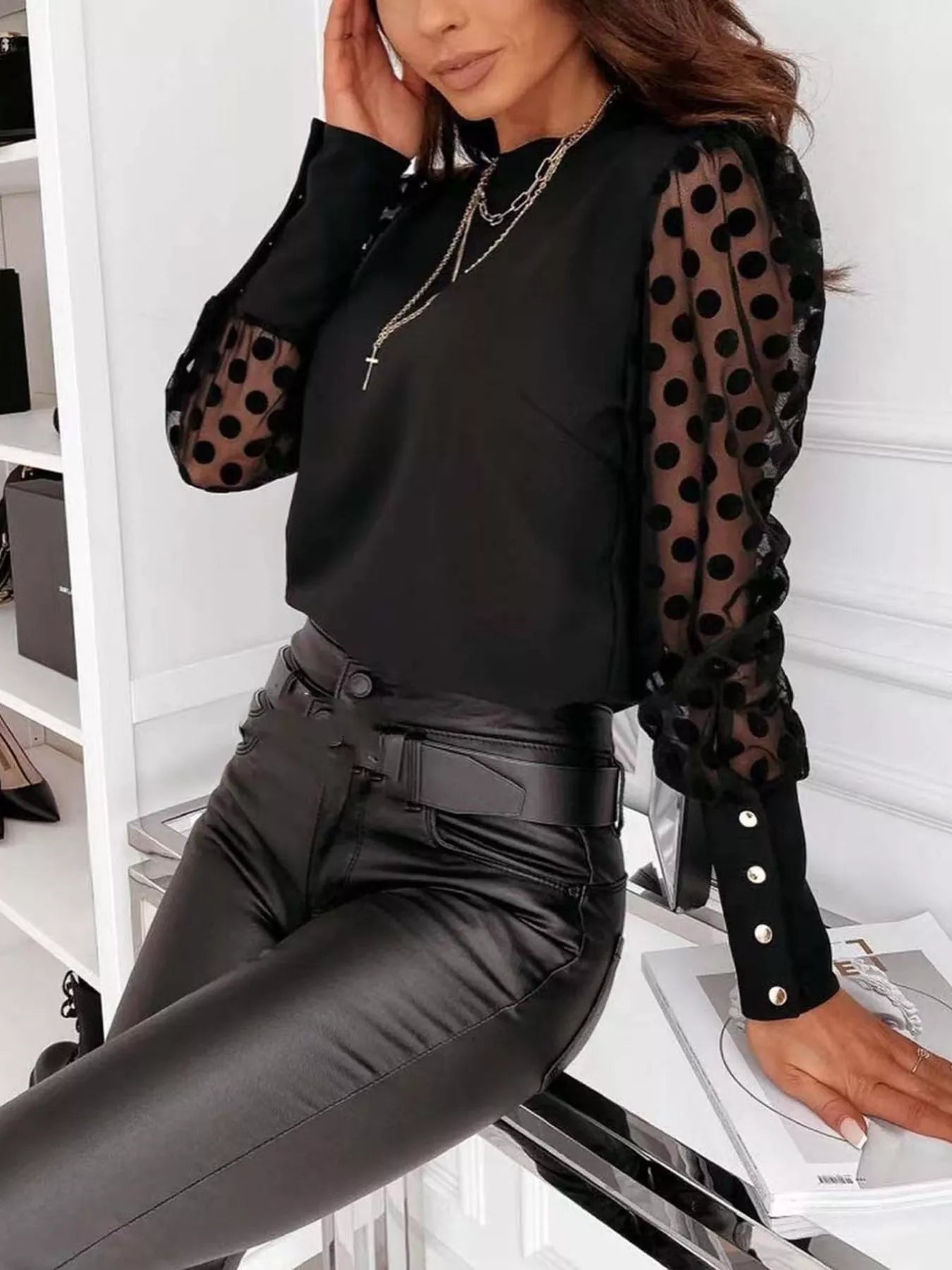 Trendsi Sheer Polka Dot Sleeve Top -