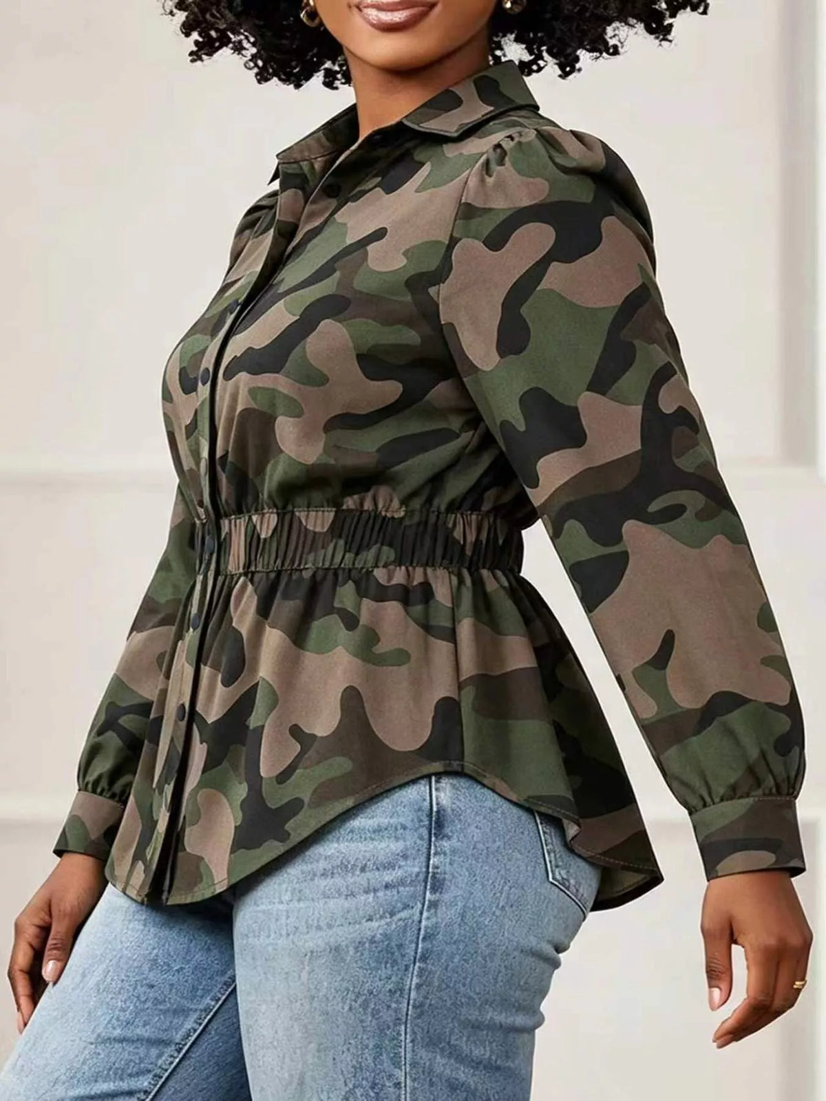 Trendsi Camouflage Button Front Long Sleeve Blouse -