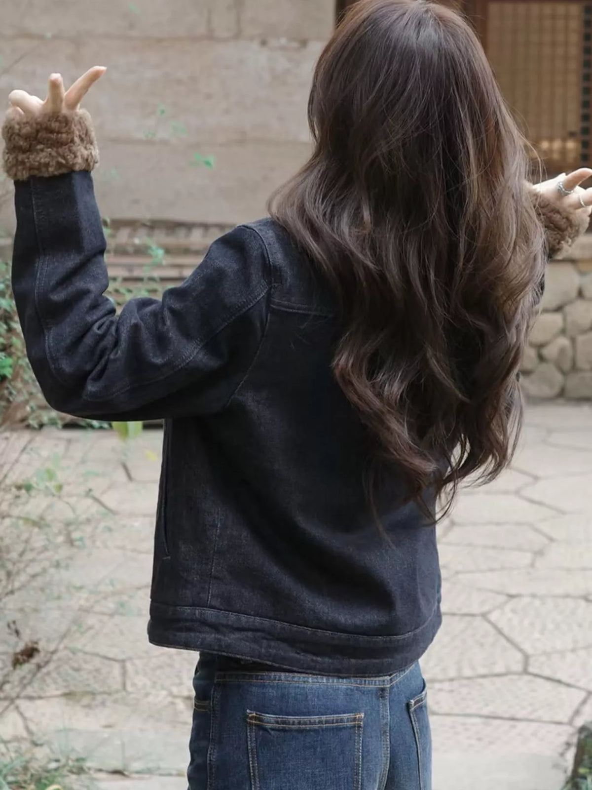Sherpa Collar Zip-Up Denim Jacket — back view