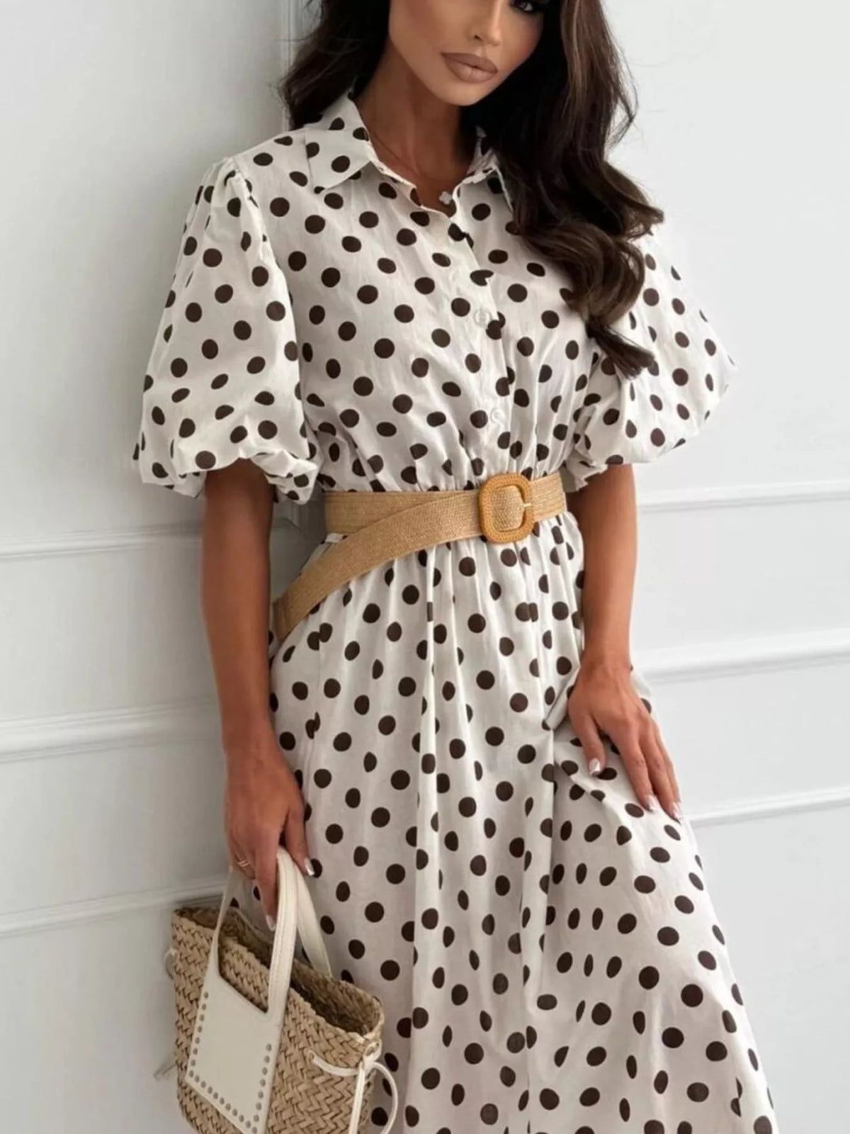 Trendsi Polka Dot Puff Sleeve Midi Dress -