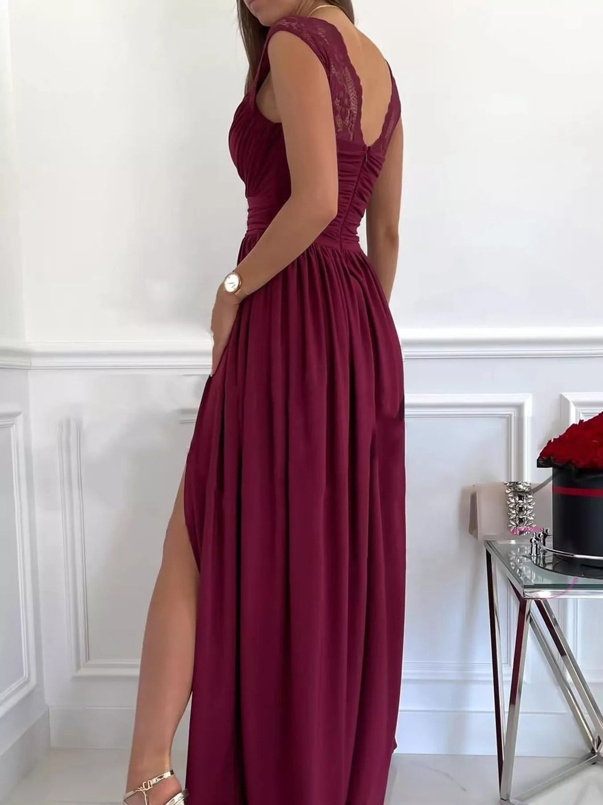 Slit Lace Sleeveless Maxi Dress — back view