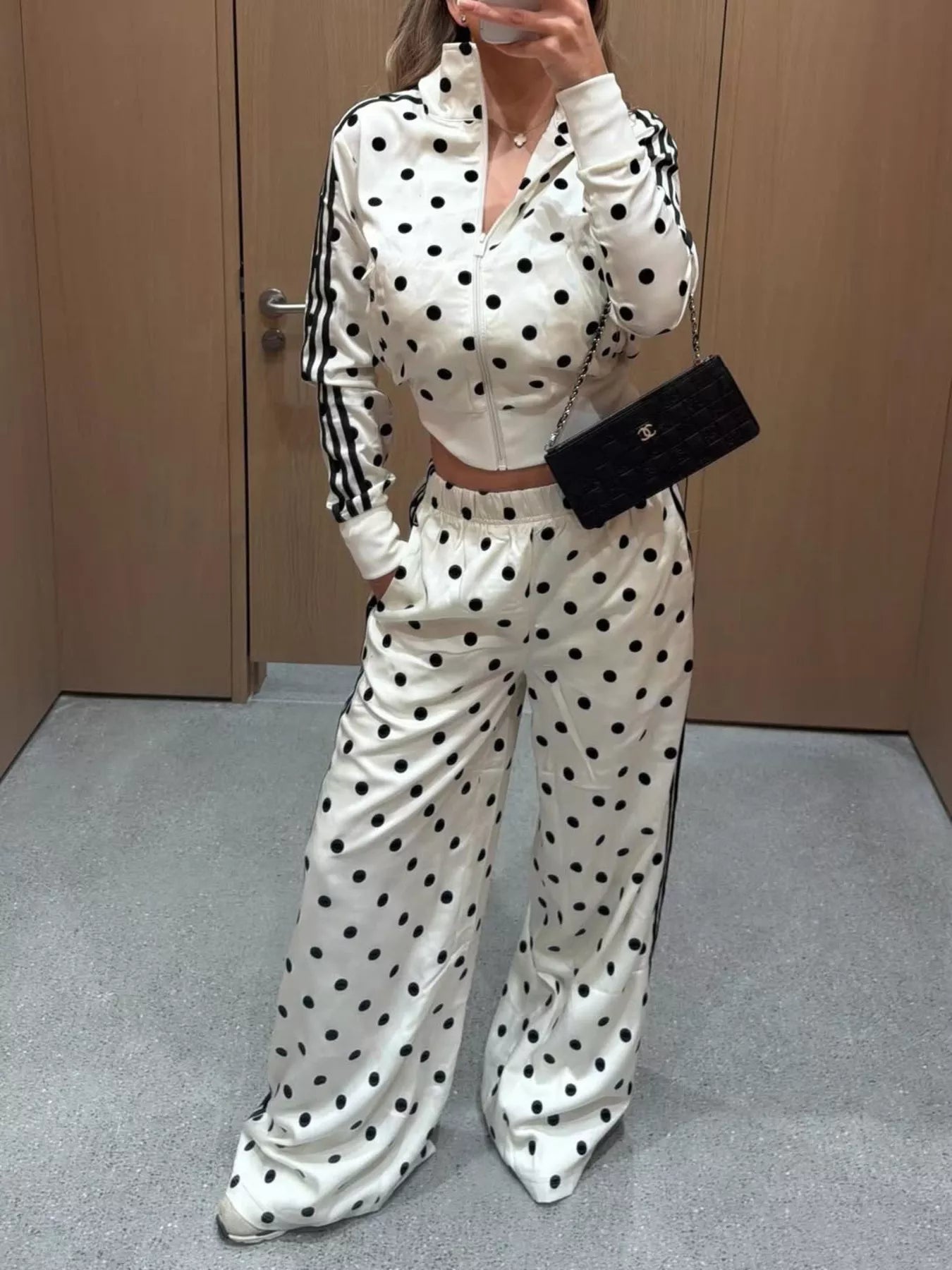 Trendsi Polka Dot Side Striped Outerwear and Pants Set -