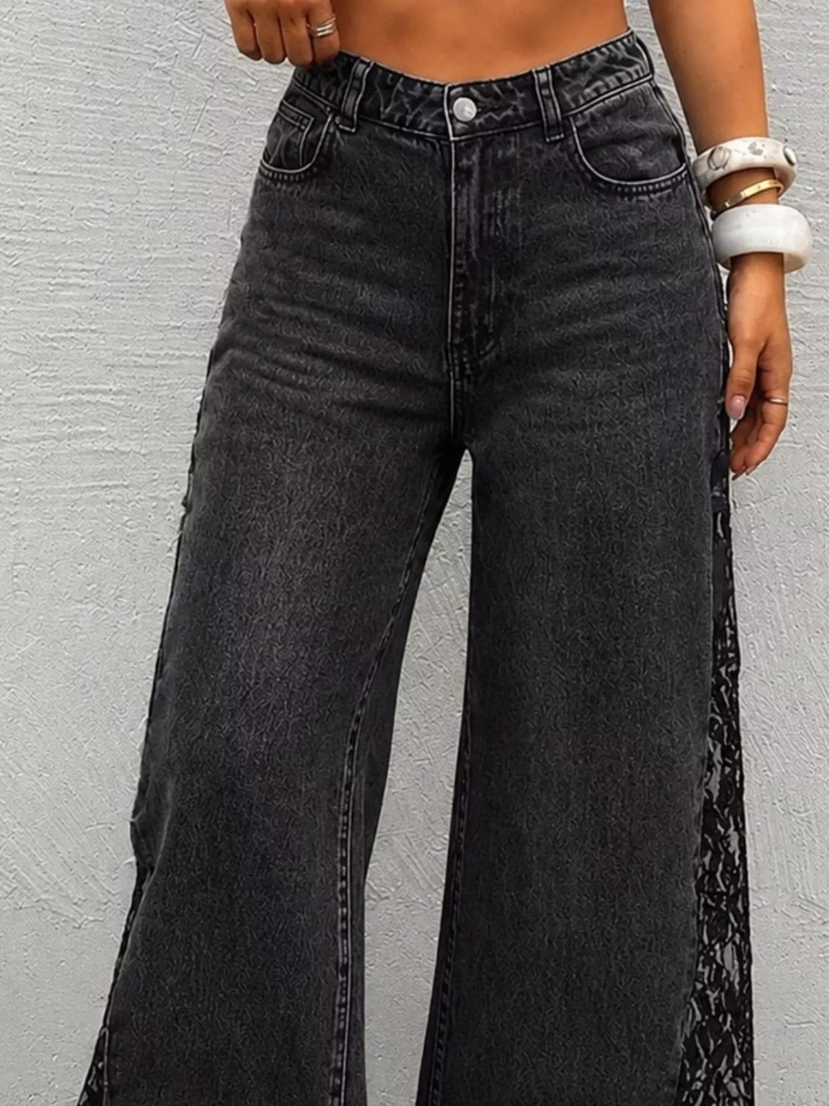 High-Waisted Wide-Leg Jeans with Sheer Floral Lace Side Panels — front view
