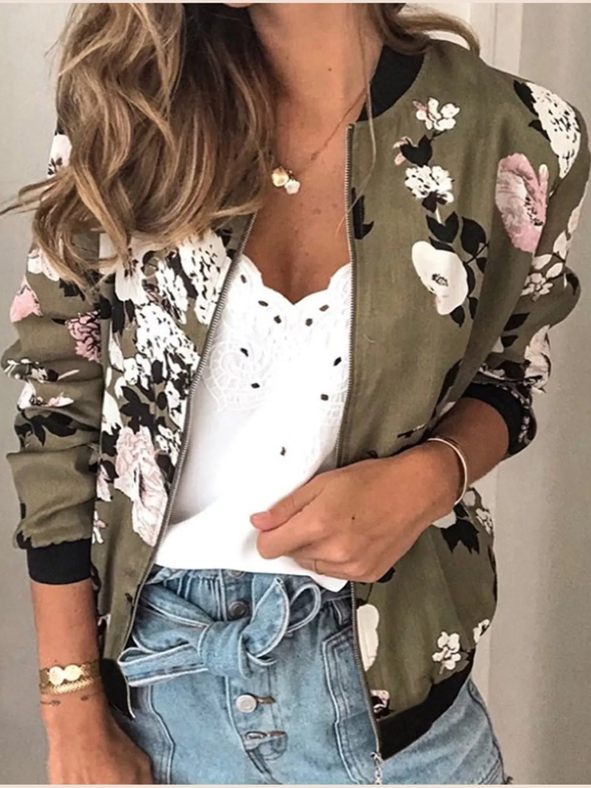 Olive floral printed zip-up bomber jacket — front view