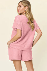 Trendsi Double Take Full Size Texture Short Sleeve T-Shirt and Drawstring Shorts Set -