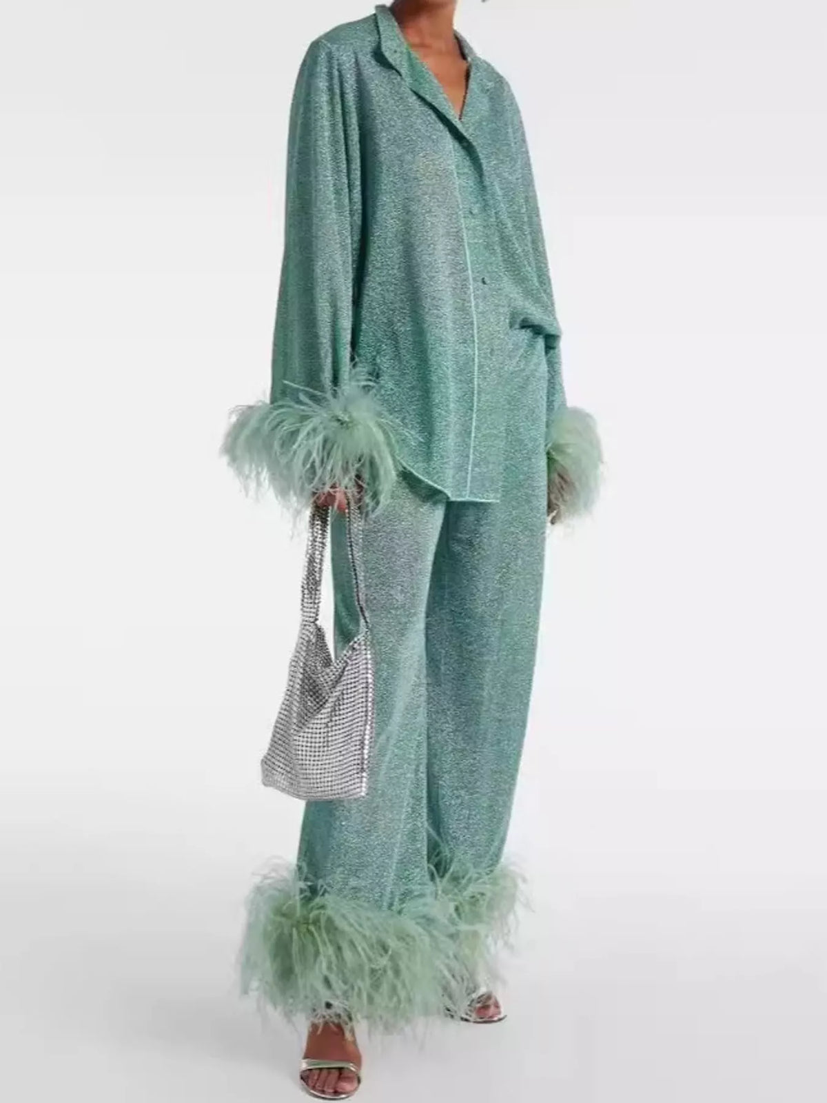 Teal feather-trimmed top and wide-leg pants set — side view