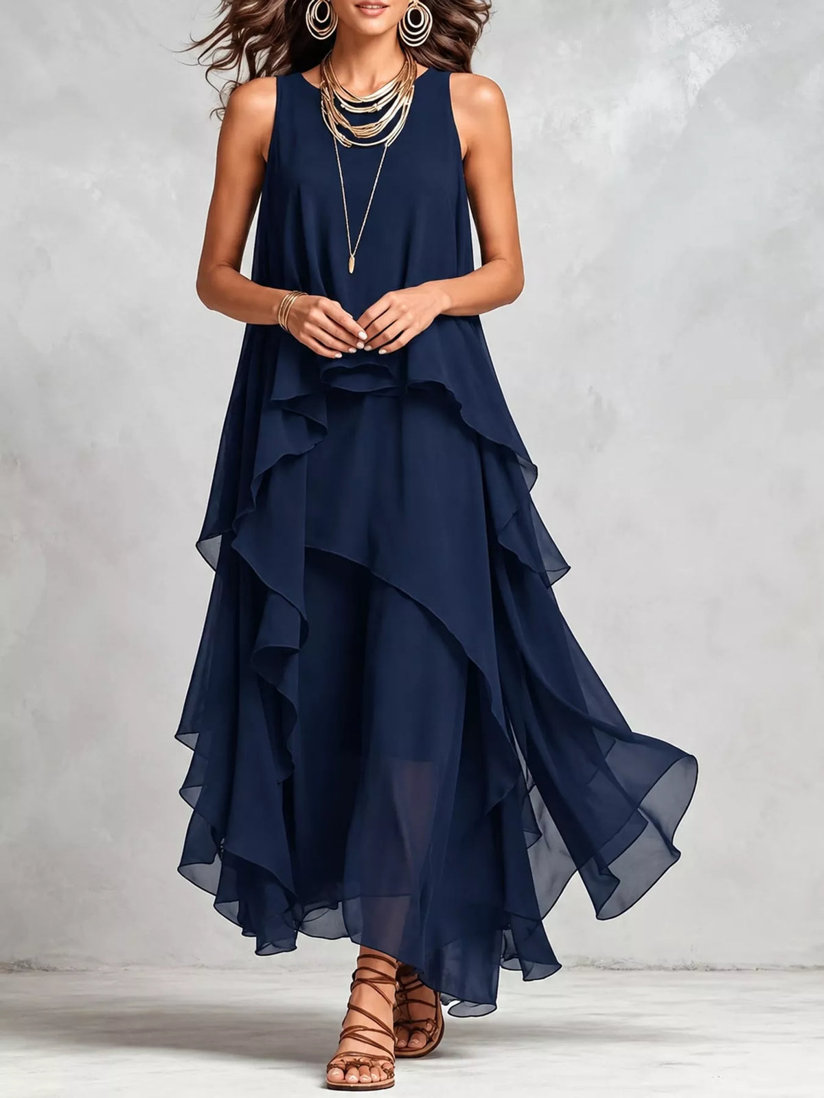 Tiered maxi dress, navy front
