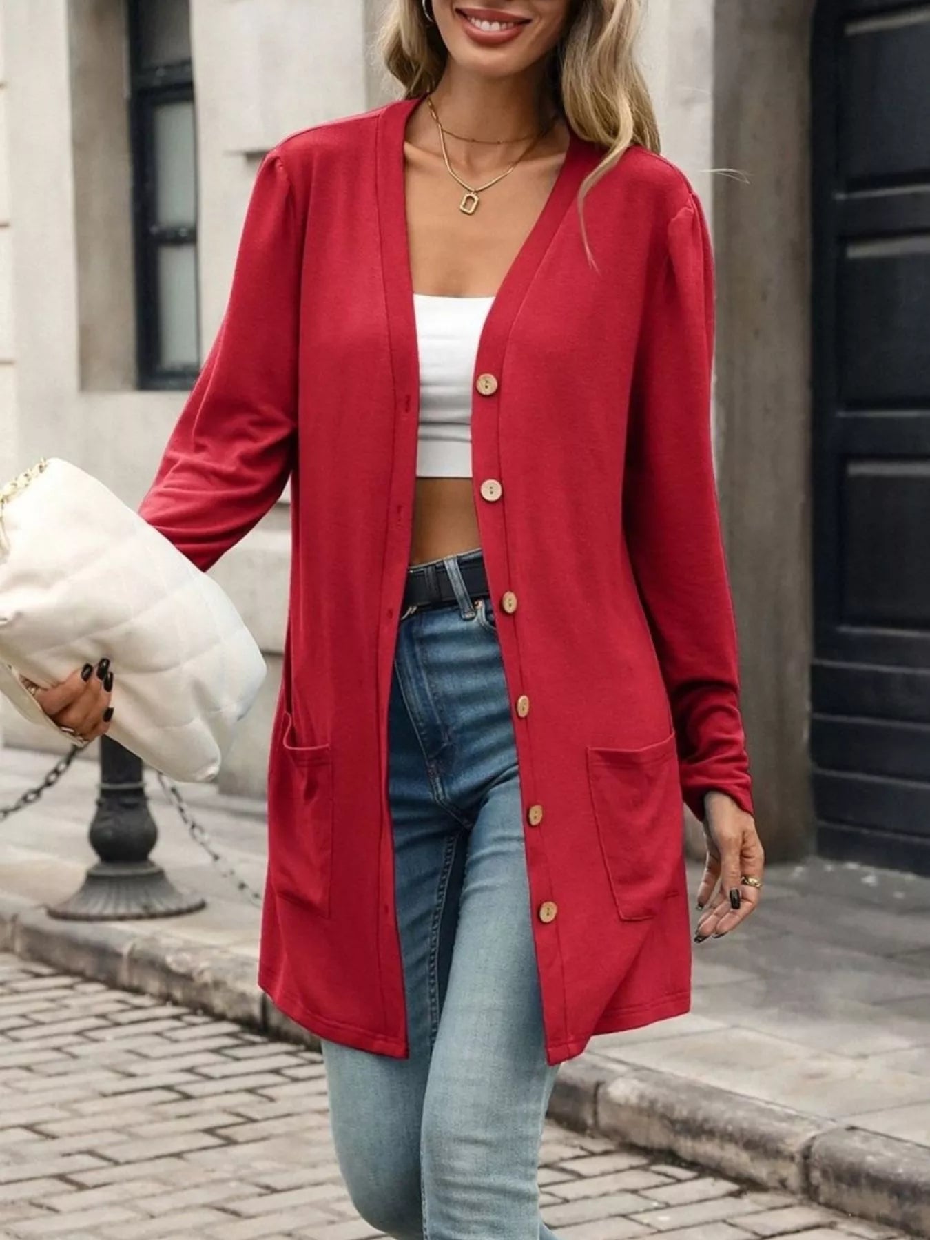 Trendsi V-Neck Button-Up Long Sleeve Cardigan with Pockets -
