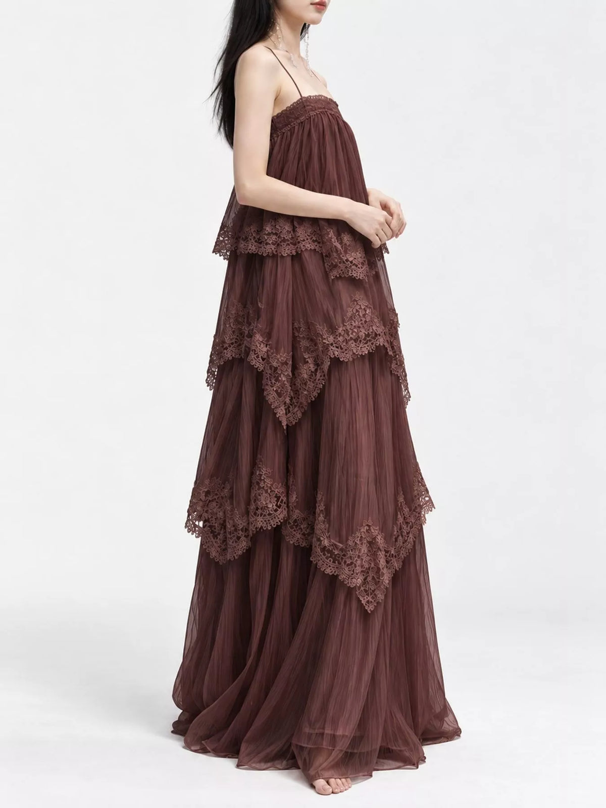 spaghetti-strap maxi dress, side view