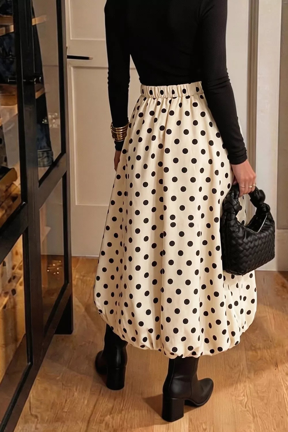 Polka dot bubble hem midi skirt