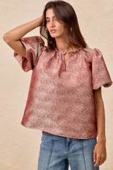 Trendsi BiBi Jacquard Woven Short Balloon Sleeves V Neck Top -