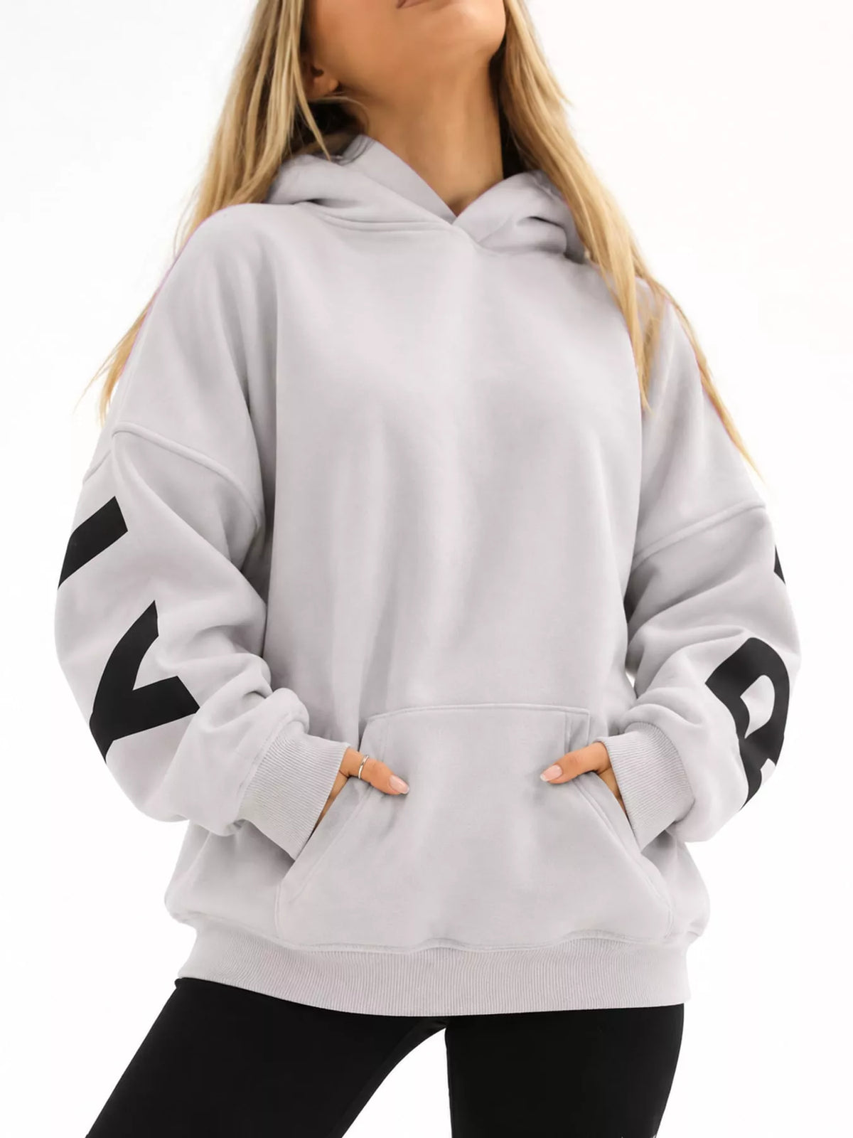 Letter Back Dropped Shoulder Hoodie — front view