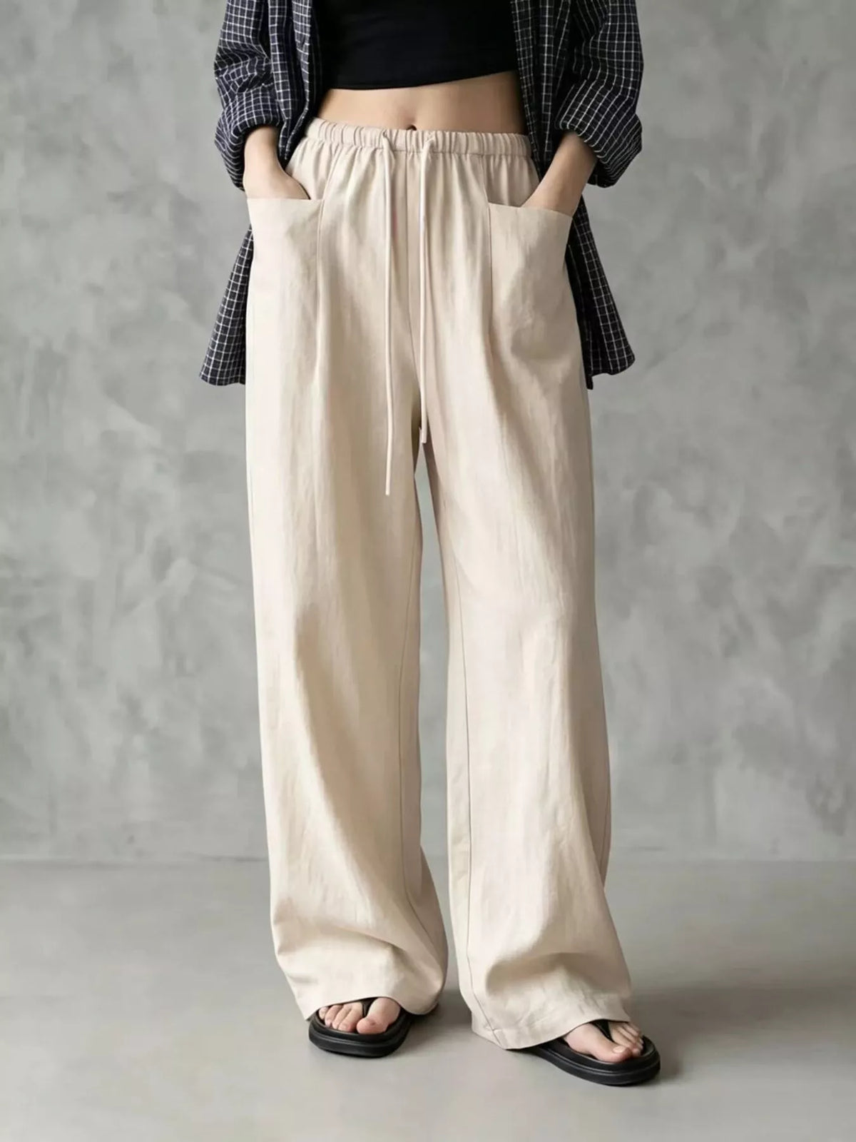 Women's Drawstring Wide-Leg Casual Pants in cream — front view