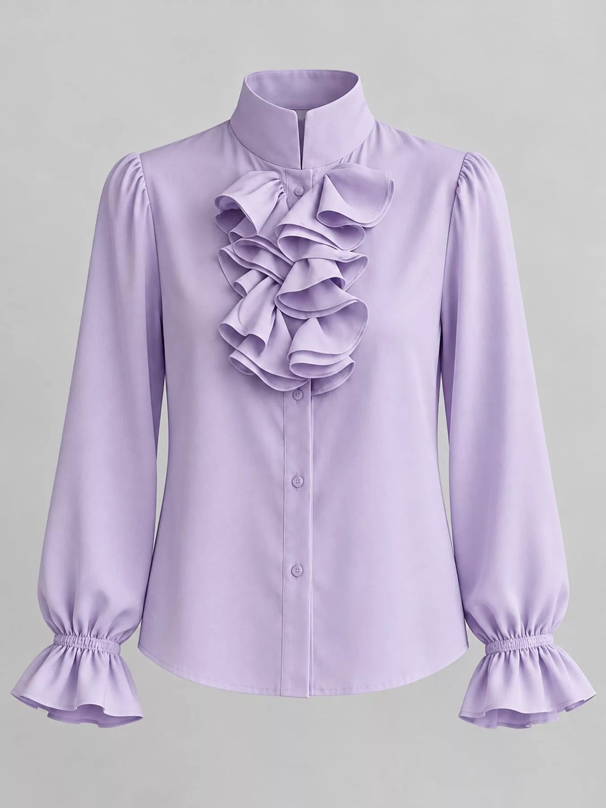 Ruffled Stand-Collar Blouse with Long Lantern Sleeves, front view