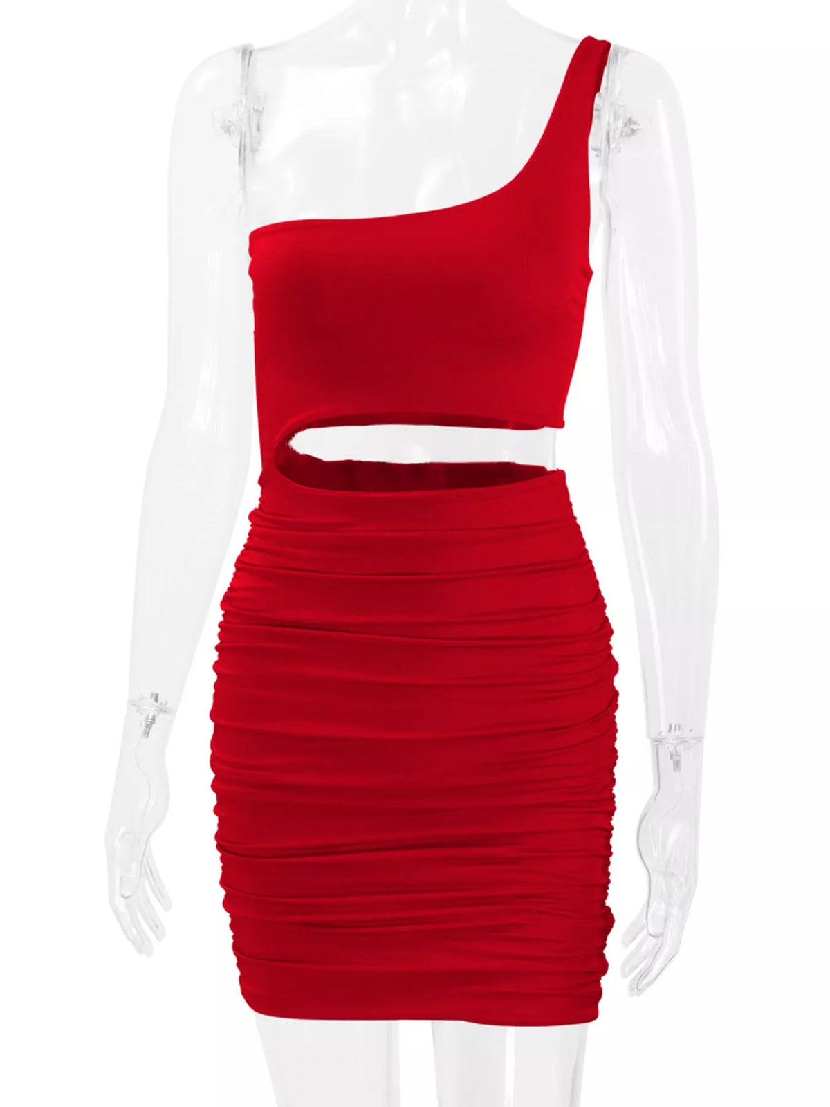 One-shoulder cutout dress, red mannequin front