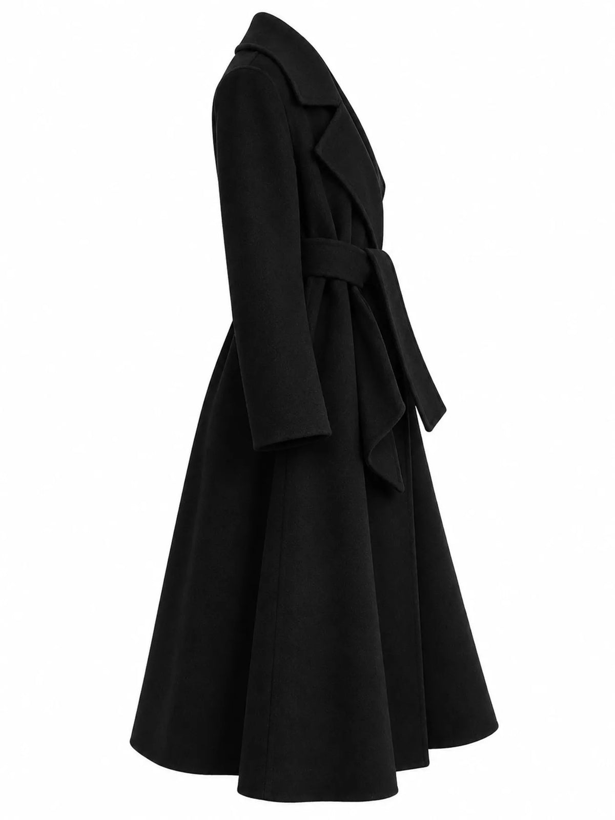 Black belted longline wool coat, side view