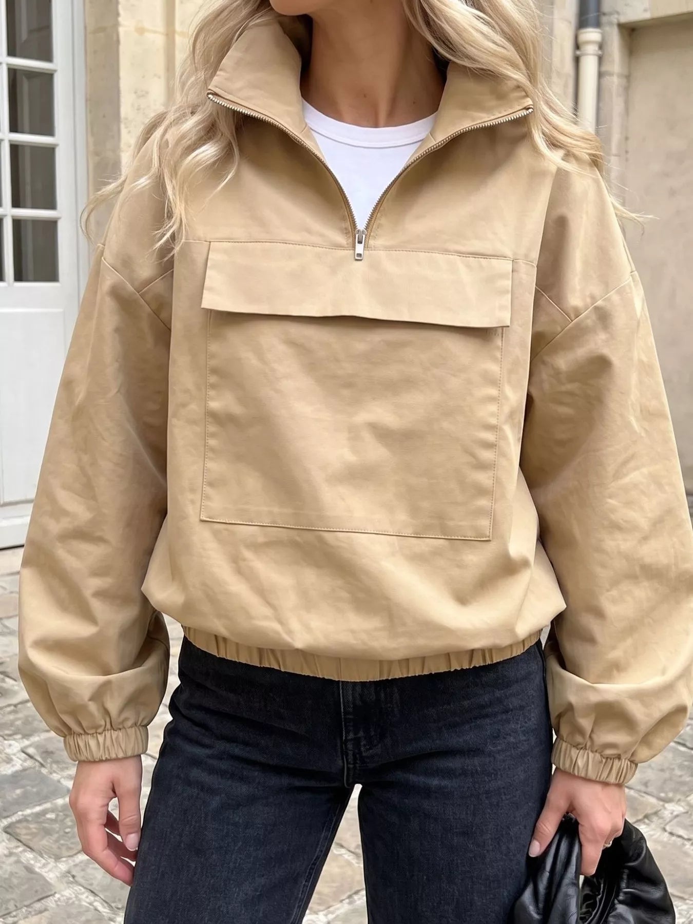 Trendsi Quarter Zip Front Flap Pocket Top -