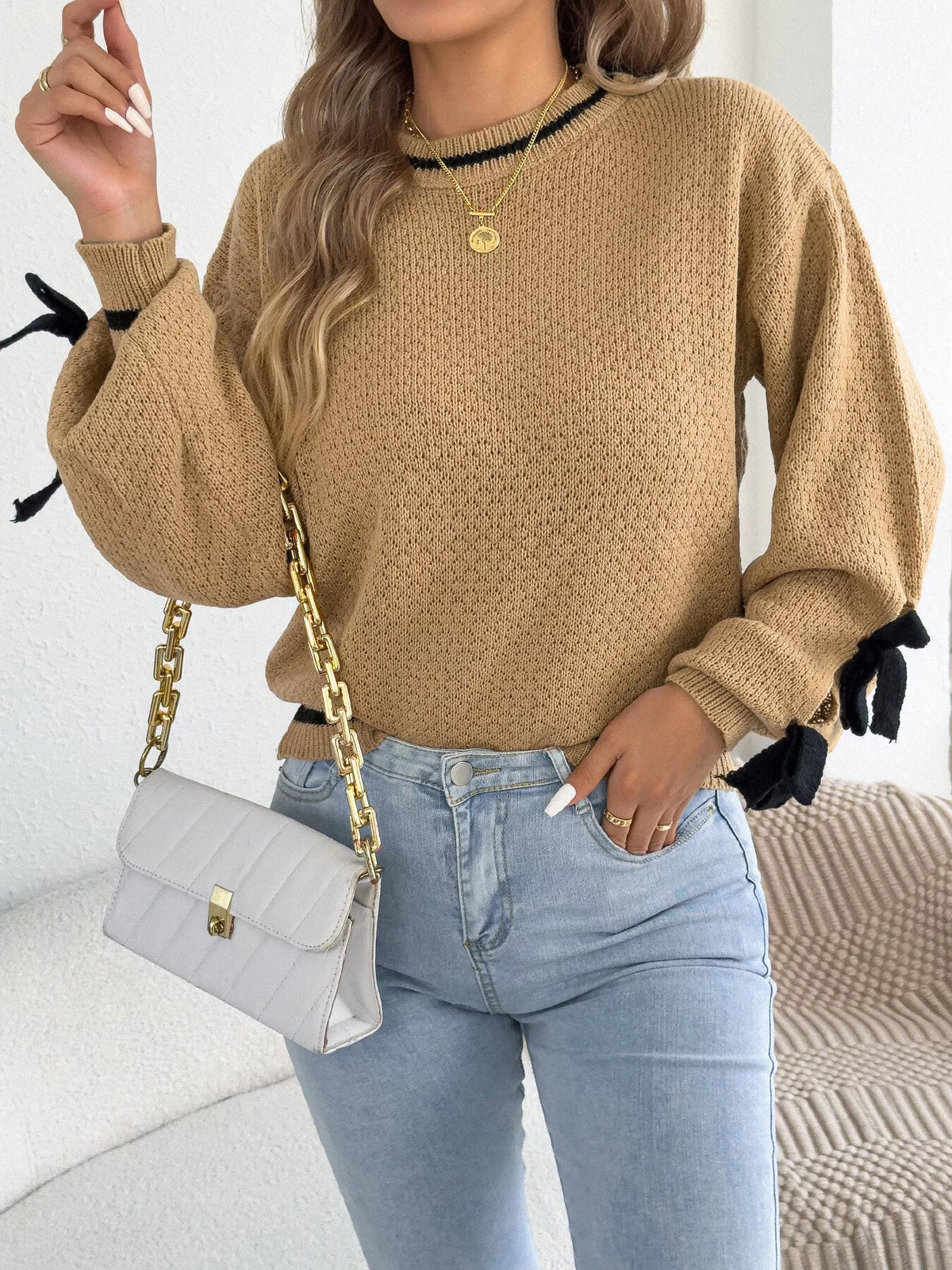 Khaki Color contrast bow-tie sleeve crew neck sweater