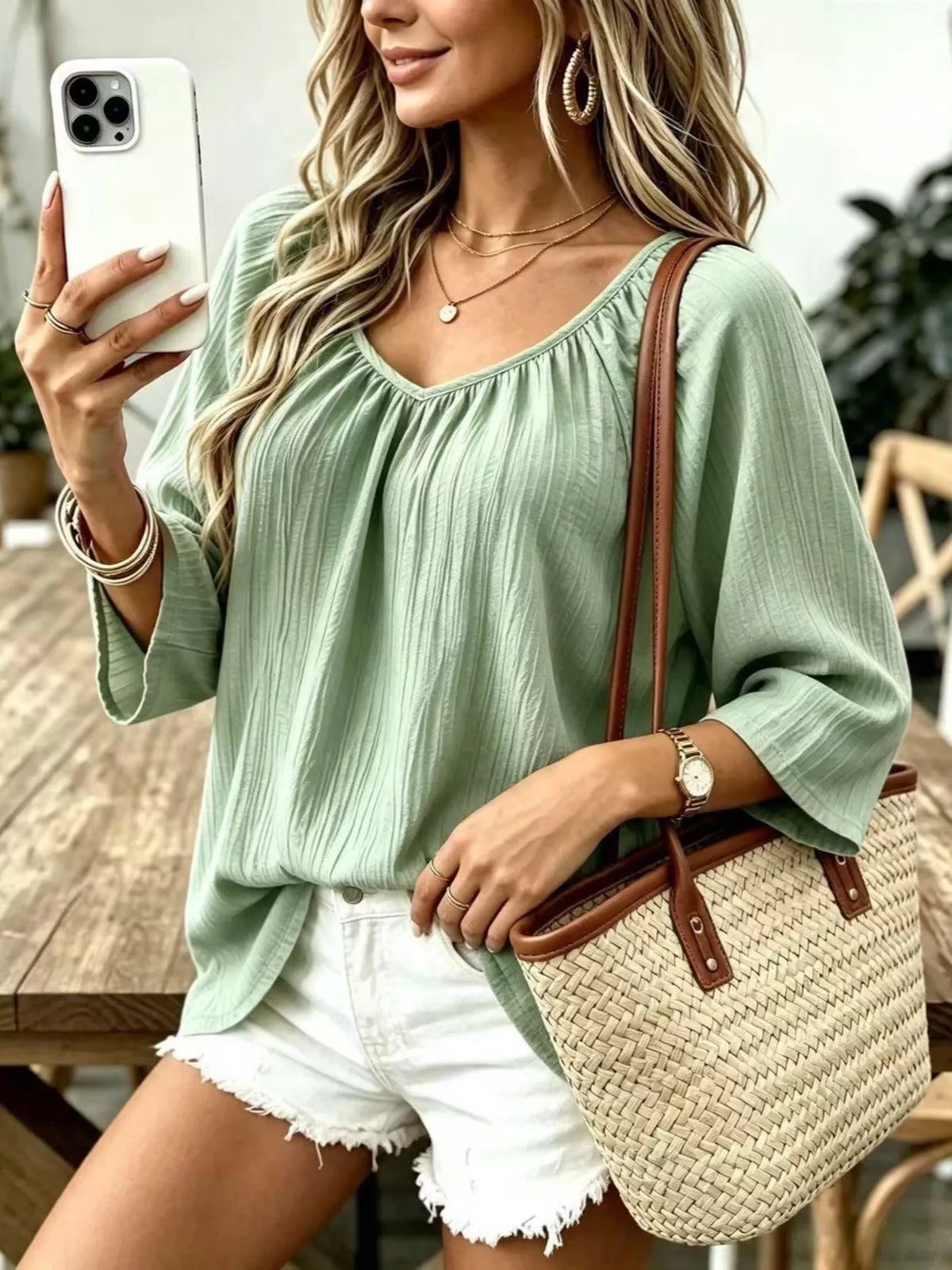 Textured V-Neck Casual T-Shirt, front view